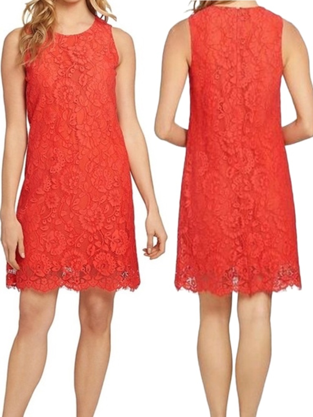 CeCe Red Floral Lace Overlay Sleeveless Shift Dress Scallop Hem Size 0